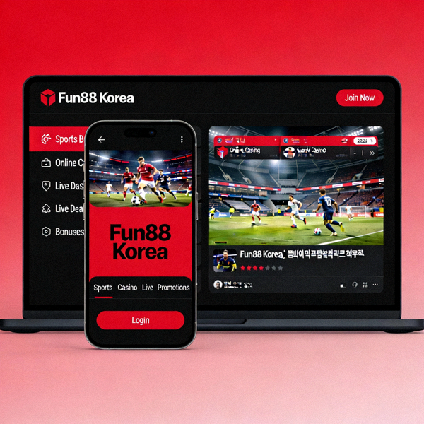 Fun88 Korea의 모바일 및 데스크톱 디바이스에서의 인터페이스 미리보기